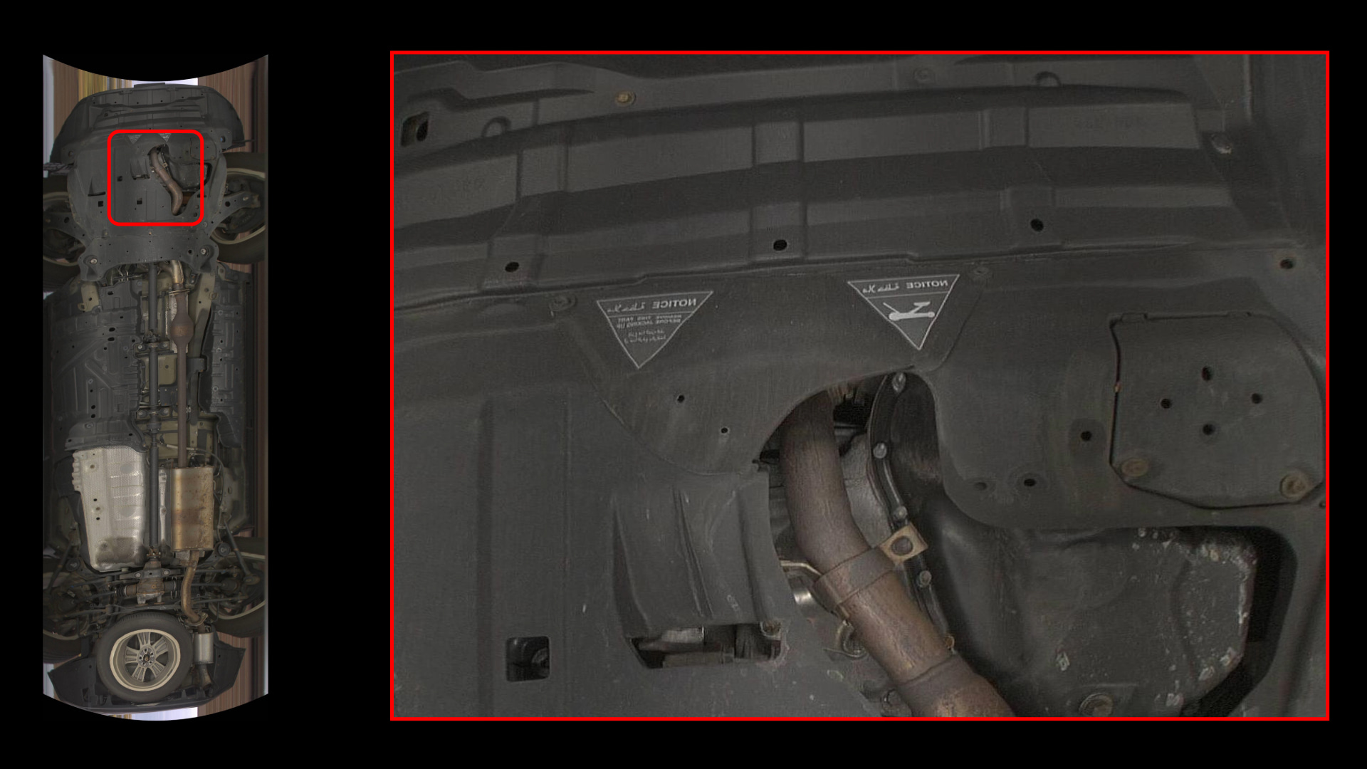 High-resolution stitched image of a vehicle's undercarriage captured by C-IVISS, along with a zoomed-in view