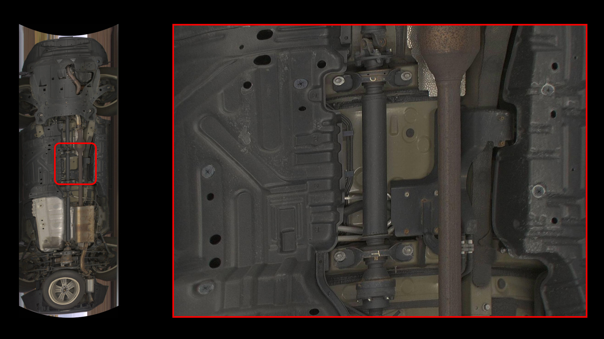 High-resolution stitched image of a vehicle's undercarriage captured by C-IVISS, along with a zoomed-in view